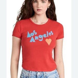MOTHER Red 'Los Angeles' Graphic Short Sleeve Tee with Blue Logo and Peach Heart